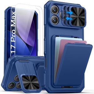 SSLOTSCASE for iPhone 17 Pro Max Case with 2X Screen Protector, Kickstand & Credit Card Holder & Sliding Lens Cover & Camera Stand & Wallet, Silicone Edge Protective Cover for iPhone 17 Pro Max, Blue