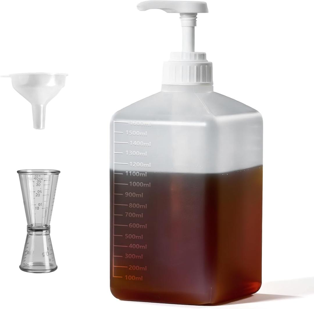 Large Capacity Syrup Dispenser for Coffee Bar, Pump Dispenser 54oz 1600ml PET Syrup Bottle w Measuring Cup and Funnel, Dispenser Bottle w Upgraded Pump (10cc Pp)