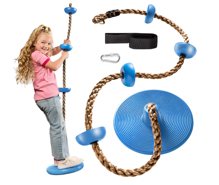 Jungle Gym Kingdom Tree Swing for Kids - Single Disc Seat and Brown Climbing Rope Set w/Carabiner and 4 Foot Strap - Treehouse and Outdoor Playground Accessories - Green