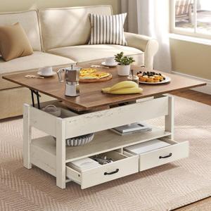 VASAGLE Coffee Table Lift Top, 3 in 1 Center Table with Storage, Gas Spring, 2 Drawers and 3 Hidden Compartments, Open Shelf, for Living Room, Home Office, Honey Brown and Rustic White ULCT254W01