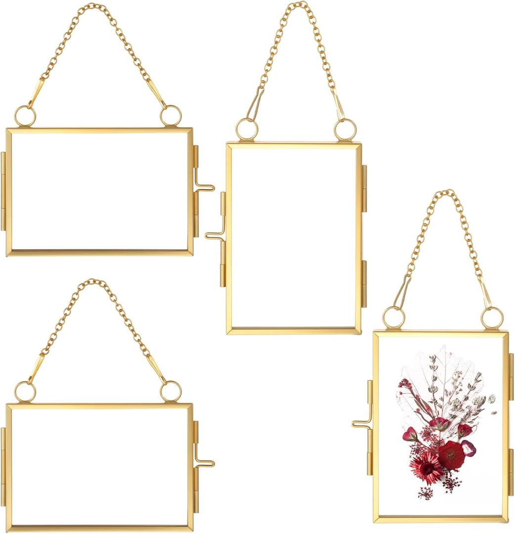 YUXIANLB 4 Pcs Double Glass Frame for Pressed Flowers, 2x3 Inch Picture Frame Mini Brass Wall Hanging Photo Frame with Chain for DIY Plant Specimen Wall Ornament Artwork Display Wall Decor (Gold)