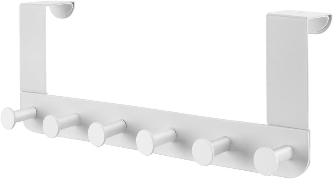 Heavy Duty Metal Over the Door Hooks, Back of Door 6 Peg Coat Rack for Hanging Clothes Purse Bags, Sturdy Overdoor Hanger Hook, No-Drill Door Mount Bathroom Towel & Robe Holder, Modern Matte White