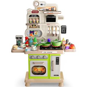 Play Kitchen Set, Kids Kitchen Playset with Realistic Sound & Light, Cooking Stove, Sink, Play Food and Accessories, 57 Pcs Kitchen Toys Gifts for Toddlers 2-4 3-5 Boys Girls (Green)