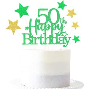 6 x Glittery 50th Happy Birthday Cake Topper with Star,Personalised 50 Birthday Cake Toppers Party Decorations Party Supplies for Boys Girls Green Gold