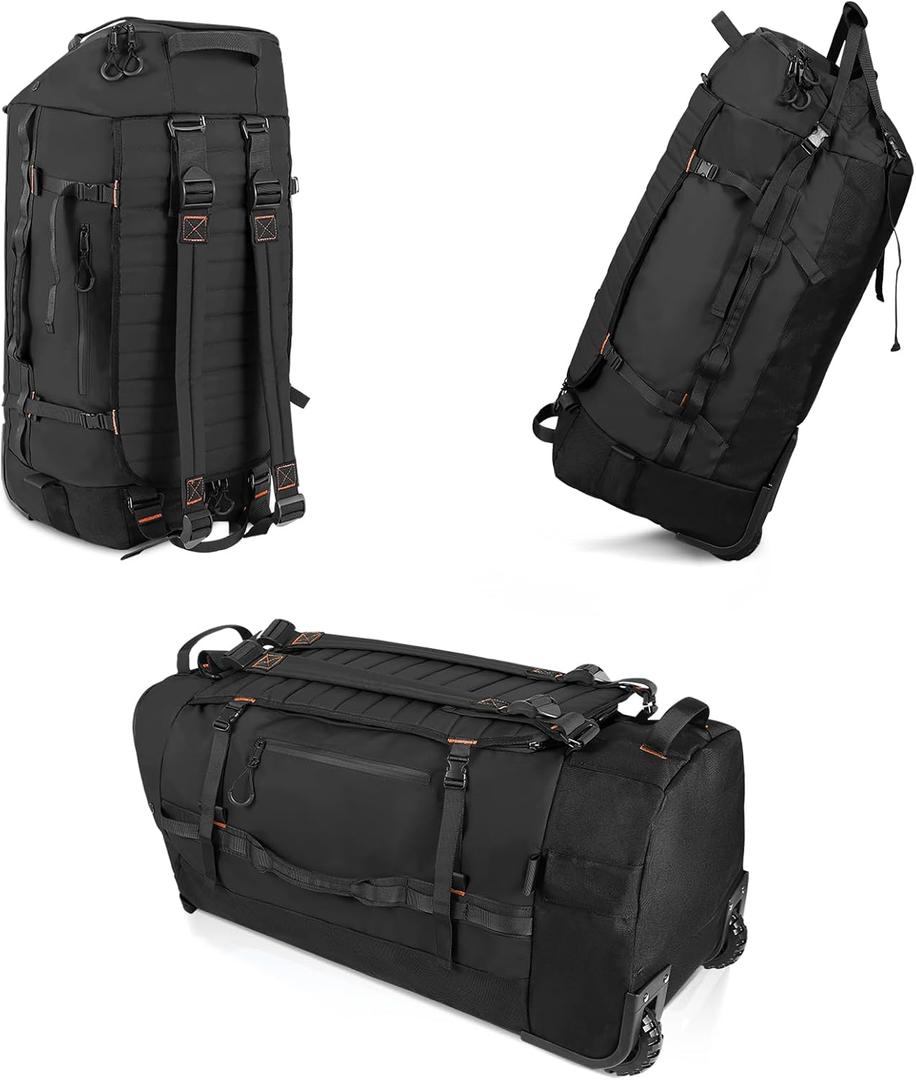 CONTAIL 86L Wheeled Duffel Bag, Soft Shell with Adjustable Web Handles, Carry On Size 29.5x14.2x12.6in, Foldable with Dual Wheels & Shoe Compartment,Black