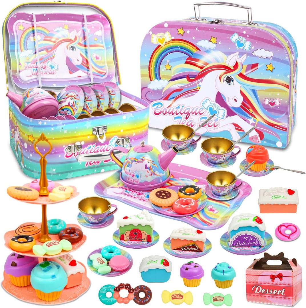 SMILESSKIDDO 46pcs Princess Tea Party Set for Little Girls - Kids Kitchen Pretend Play Toys - Toddler Tea Party Sets for Girls 3-5, Gift for 3 4 5 6 Girl(Unicron)