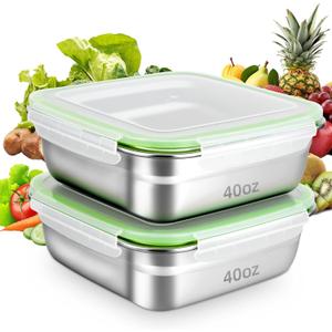 2 Pack Stainless Steel Sandwich Containers with Leak-Proof Airtight Lids, 40oz Reusable Metal Bento Lunch Boxes for Meal Prep, Snacks & Fruits, BPA-Free, Dishwasher & Freezer Safe (Green)