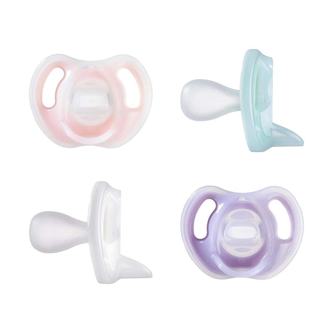 Tommee Tippee Ultra-Light Silicone Pacifier, 0-6 Months, Symmetrical One-Piece Design, BPA-Free Silicone Binkies, Pink/Purple/Green, Pack of 4