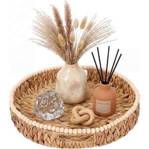 Round Wicker Tray 16'' Water Hyacinth Woven Tray with Handles Decorative Large Serving Trays for Coffee Table for Kitchen, Living Room, Bedroom Home Decor(Water Hyacinth)