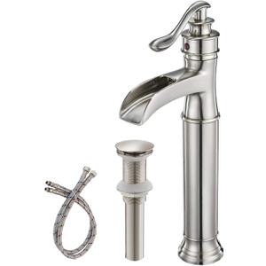 BWE Waterfall Vessel Sink Faucet Brushed Nickel Bathroom Faucet Single Handle Tall Single Hole Bathroom Sink Faucet Commercial Mixer Tap with Pop Up Drain Assembly and Supply Line
