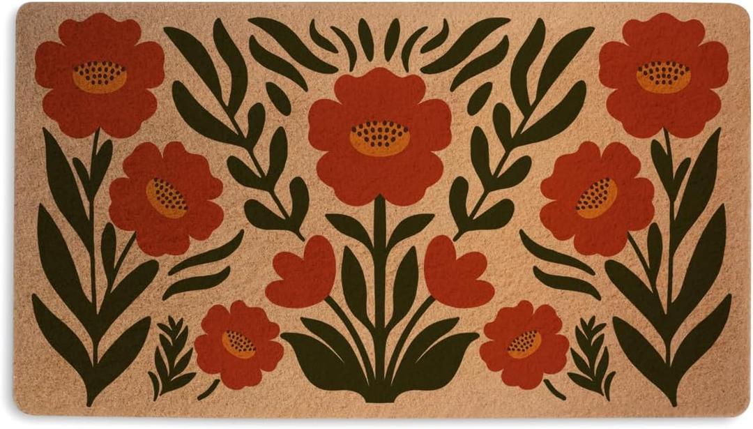 Retro Poppy Door Mat 18x30 Inch, Modern Floral Durable Welcome Mat for Outdoor Indoor Entryway Porch Bohemian Home Decor, Coco Coir Doormat with Heavy Duty Non-Slip PVC Backing, Floral Gifts for Women (Multicolour 0370)