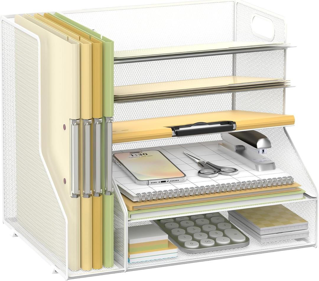 SUPEASY Desk Organizer with File Holder, 5-Tier Mesh Paper Letter Tray with Magazine Holder, Desktop Organizer and Storage for Desk Accessories Office Supplies, White