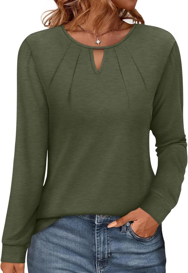 Womens Long Sleeve Crew Neck Shirts Pleated Keyhole Tops Blouses Dressy Casual (X-Large, Army Green)