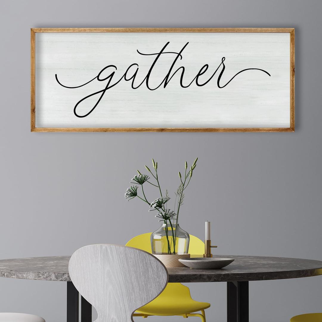 RLWangChao Dining Room Wall Decor Gather Sign 32"  12" for Home Kitchen Cozy Family Reunion Plaque Large Rustic Vintage minimalist Farmhouse Living Room Wood Framed Hanging Art (Wood)