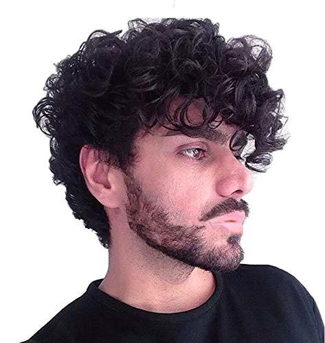 Baruisi Short Curly Mens Black Wig Fluffy Synthetic Cosplay Halloween Hair Wig for Men