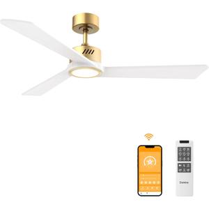 DAMINY Natural Solid Wood White and Gold 52 inch Ceiling Fan with Light,3 Blades,6CCT,Low Profile Ceiling Fan with Light and Remote Control