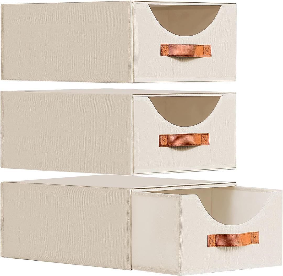DIMJ Closet Organizers and Storage - Stackable Fabric Storage Bins with Drawers, Closet Shelf Organizer Clothes Storage for Bedroom, Living Room (3 Pack, Beige)