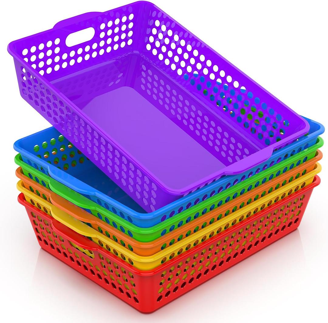 6 Pack Plastic Classroom Storage Baskets, Paper Trays for Classroom Organization & Turn in Trays for Teachers, Students, Desk Organizer Bin 13.8x10.6x3.1 Inch (Rainbow)