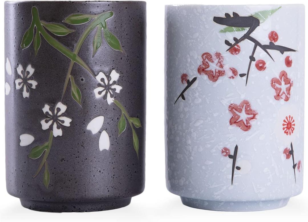 WHJY 10oz Transitional Chinese/Japanese style Handle-less Ceramic Tea cups teacup, Flora Pattern Set of 2 (flowers)