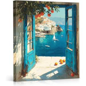 APOHBGV Vintage Open Window Coastal Blue Painting – Wall Art with Mediterranean Views for Living Room, Bedroom, Office Mediterranean Home Decor 8x10 Inch
