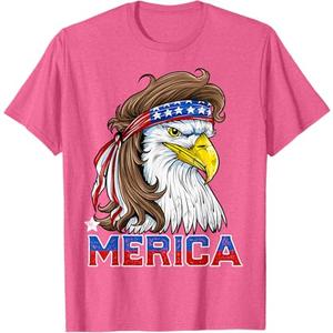 Merica USA American Flag Patriotic 4th of July Bald Eagle T-Shirt, XL, Pink