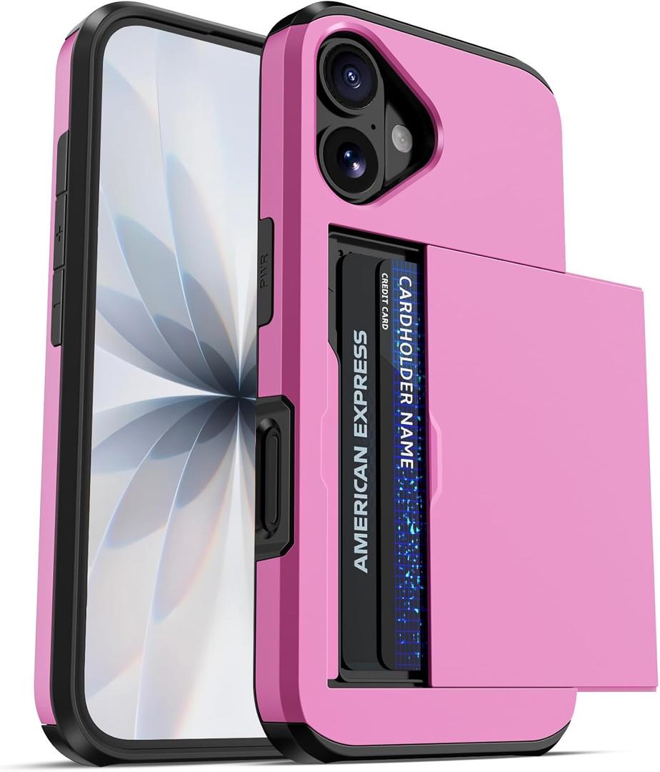 Jiunai for iPhone 17 Case Card Holder Wallet Slide Door Pocket for 2 Credit Card IDs License Access Card Hybrid Protective Wallet Phone Case for iPhone 17 6.3 2025 Women Men - Pink