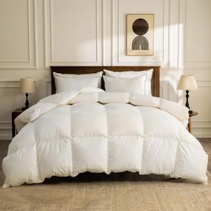 BPC Lightweight Organic Feather Down Comforter Queen Size, Hotel-Luxury Fluffy Duvet Insert with Cotton Cover and Puffy Feather Down Filling, for Summer/Hot Sleepers, Ivory White, 90x90 Inches