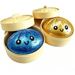 2pcs Glitter Dumpling Squishy, Mystery Glitter Dumpling Squishies Box, Colorful Dumplings Stress Balls Fidget Sensory Toy, Soft Squeeze Decompression Dough for Anxiety Relief Fidget(Blue+Golden)