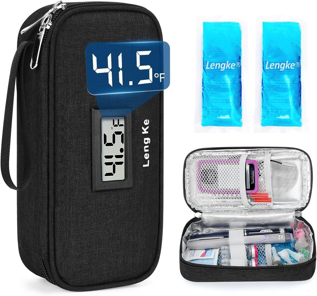 YOUSHARES Insulin Cooler Travel Case - TSA Approved Diabetic Medication Pen Cooling Bag with Temperature Display, Refrigerated Diabetes Supplies Organizer Insulated Storage Kit with 2 Ice Pack (11_black)