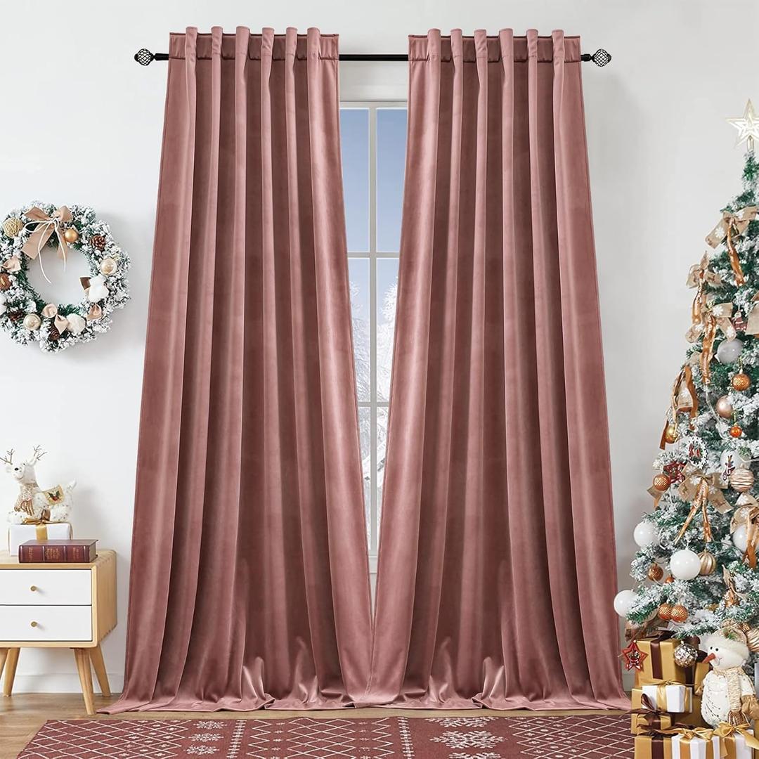 Dchola Wild Rose Velvet Curtains for Bedroom Window with Back Tab, Super Soft Vintage Luxury Heavy Drapes, Room Darkening Thermal Insulated Curtain for Living Room, W52 by L63 inches, 2 Panels