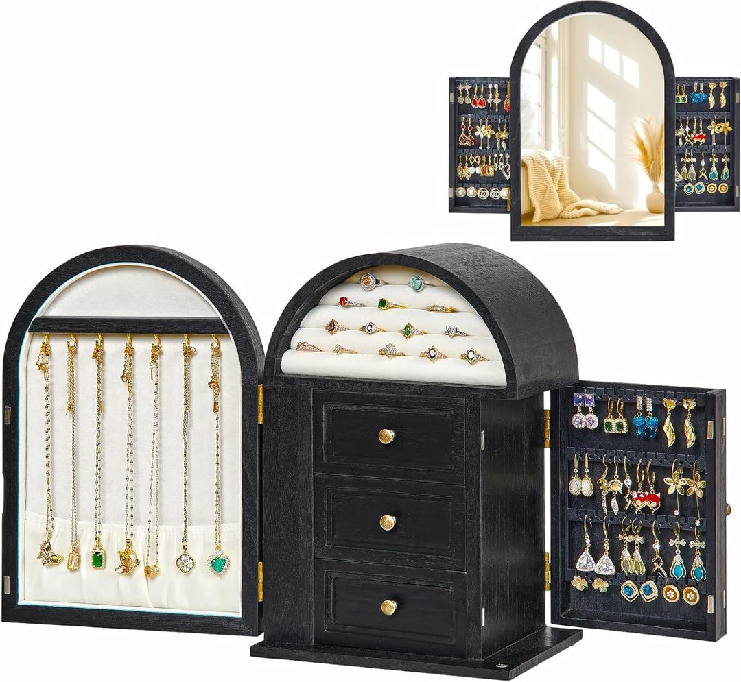 Poyilooo Jewelry Box Organizer, Solid Wood Jewelry Box Storage Necklaces Rings Earrings Bracelets with Mirror & Drawers, Christmas Gifts for Women (Black)
