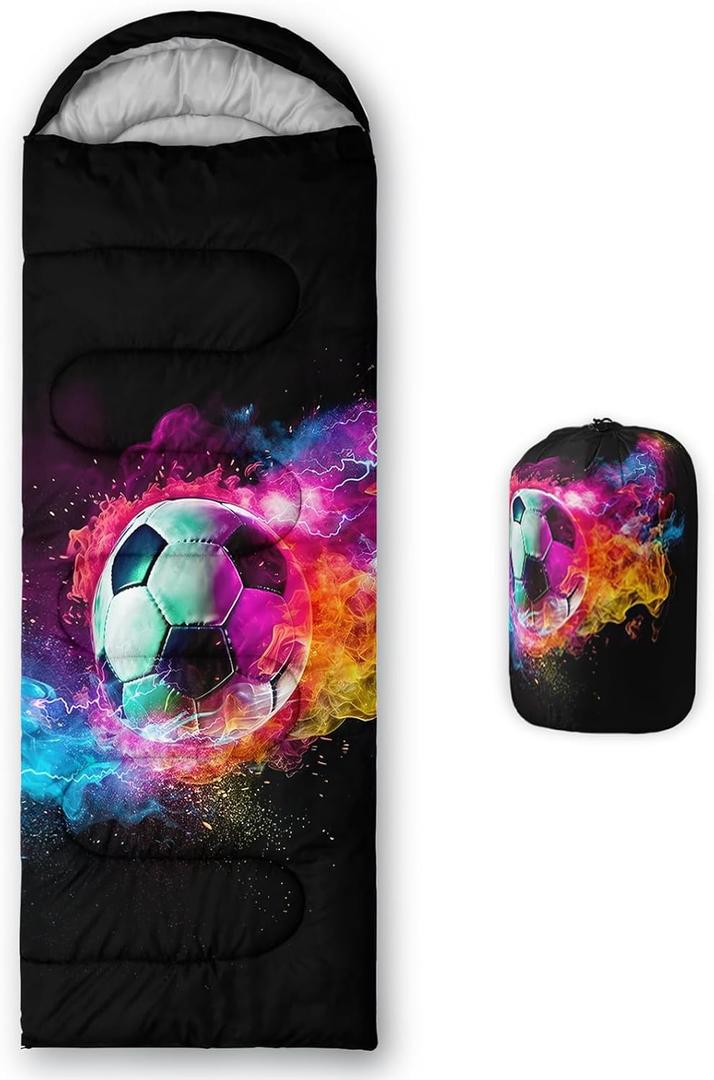 QOOMO Camping Sleeping Bags,3 Season Warm & Cool Weather, Lightweight, Waterproof Sleeping Bags for Adults & Kids, Traveling, and Outdoors, Camping Gear Equipment (Colorful Football)