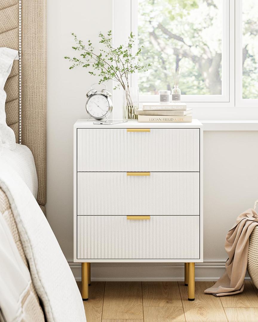 Night Stand,Tall Bedside Table with 3Storage Drawers,White Nightstand,Bedside Furniture,Side Table with Gold Frame,Drawer Dresser for Bedroom,Living Room (Modern-3drawers, White)