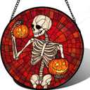 Stained Glass Window Hanging - Halloween Decorations Skeleton Pumpkin Suncatcher for Doors Garden Indoor Spooky Funny Sun Catchers Gothic Decor Horror Gifts for Women Men Friend 7.8 in (Red)