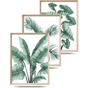 UPWOIGH Framed Wall Art(No Plexiglass), Abstract Green Palm and Eucalyptus Leafs Canvas Wall Art, High-end 16x12in Wood Wall Decor Prints Artworks for Living Room Bedroom, Plant Neutral Wall Decor Set