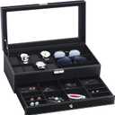 TomCare Watch Box Watch Case Watch Holder Organizer Jewelry Case Drawer Sunglasses Display Box Storage Earrings Storage Organizer Lockable with Glass Top and PU Leather for Men Women (All Black)