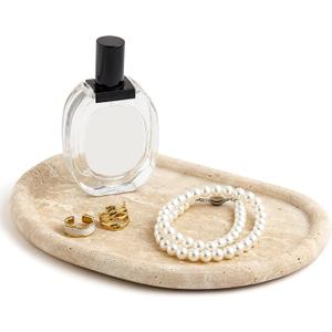 Natural Travertine Tray, Special-Shaped Jewelry Tray, Marble Ring Dish for BathroomCountertop, Nightstand,Dressing Table, Bedside Table, Home Decor, Beige(Middle) (10.6" x 7.4" x 1.5")