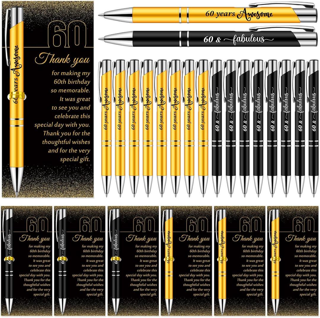 Feifeiya 25 Sets 60th Birthday Party Favors for Guests Black Gold Awesome Ballpoint Pens with Thank You Cards for Women Men Birthday Souvenirs Anniversary Party Appreciation Gifts