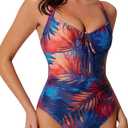 RXRXCOCO Women Tummy Control One Piece Swimsuit Ruched Slimming Bathing Suit Tie Knot Cutout Swimwear Floral S