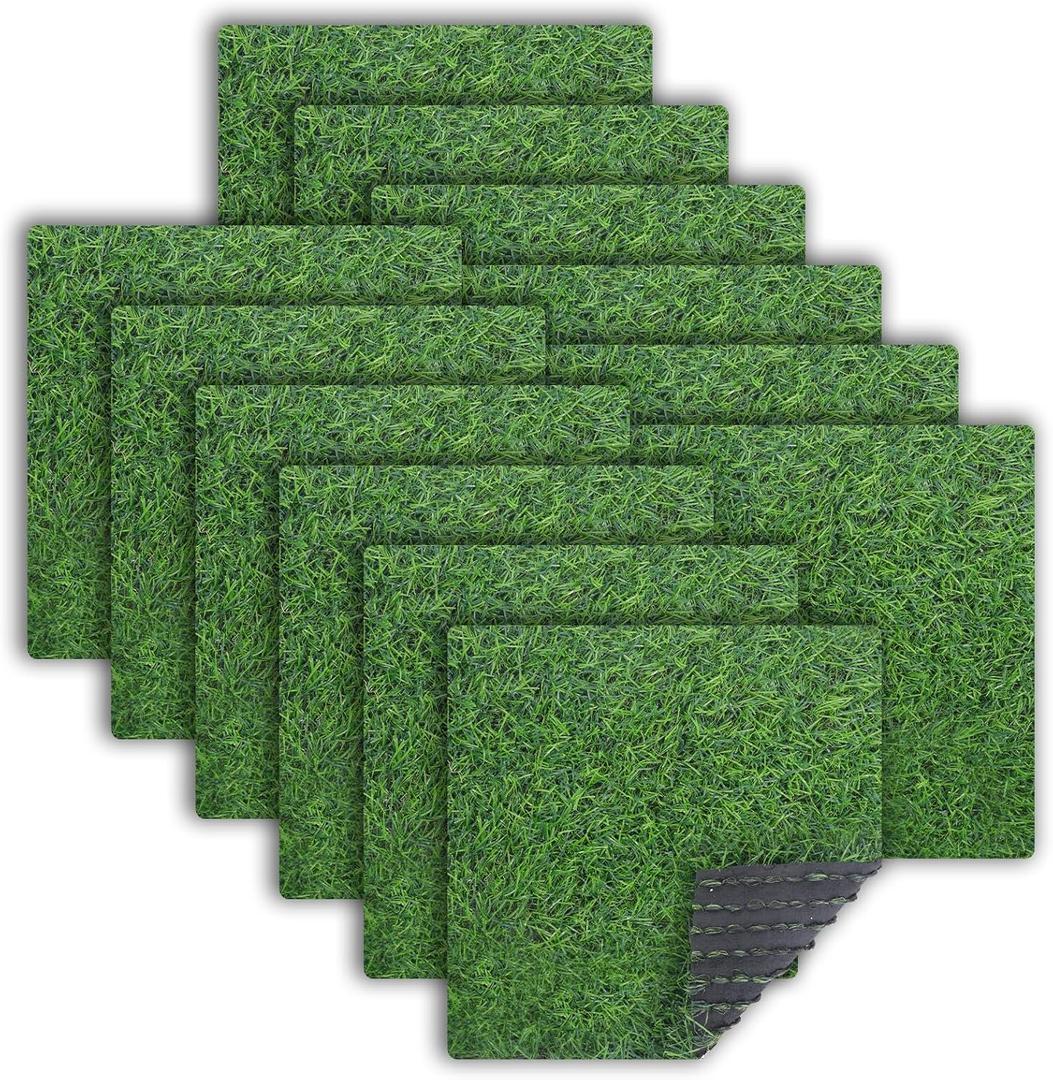 12 Pcs Artificial Grass Tiles 12 x 12 Inch Turf Grass Squares Fake Turf Grass Patch Grass Carpet Mat Outdoor Indoor Realistic Grass Rug for Miniature Garden DIY Crafts Patio Balcony Decor
