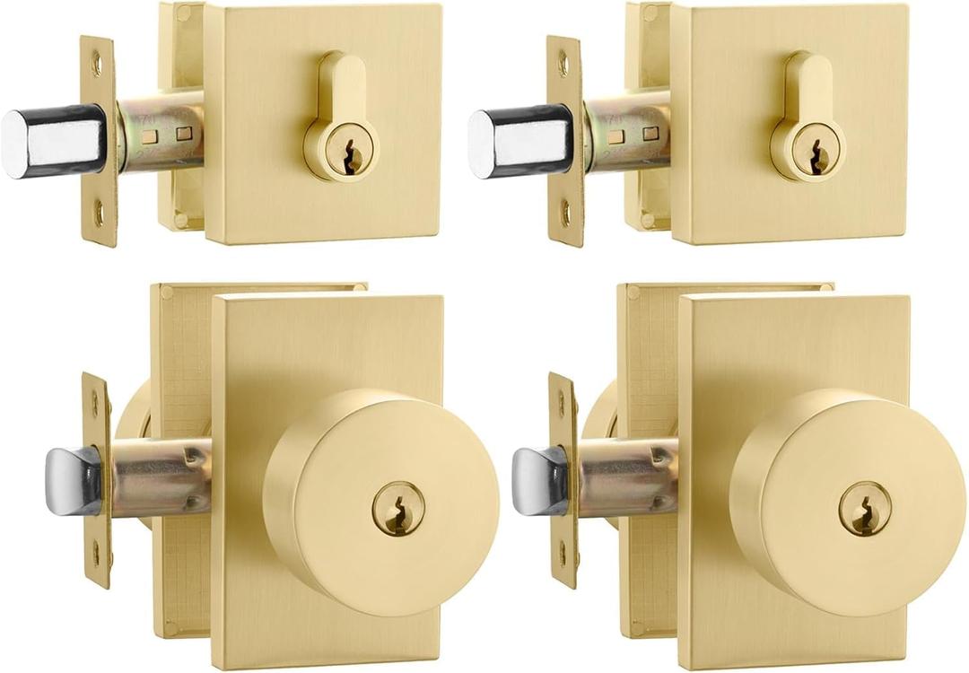 Haidms Gold Exterior Door Lock Set with Deadbolt, Zinc Alloy Brushed Gold Front Door Knob with Lock, Heavy Duty Brushed Brass Deadbolt Lock and Door Knob Set with Lock and Key (2 Pack)
