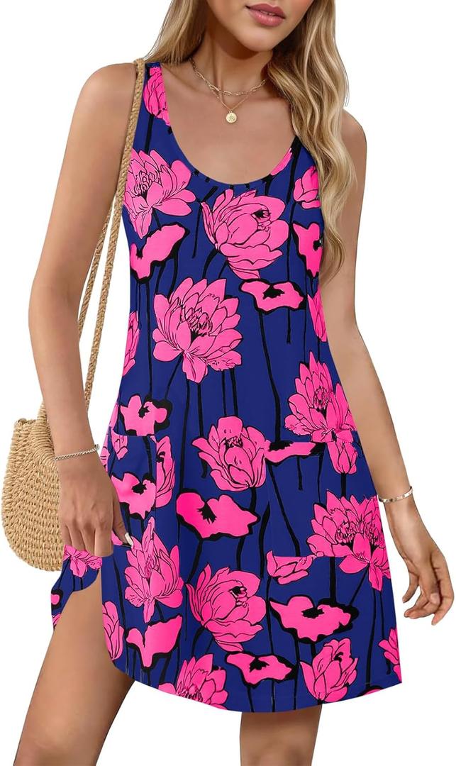 Wenrine Womens Summer Dresses Casual Floral V Neck Sleeveless Loose Boho Beach Tank Dress Sundress with Pockets (Medium)