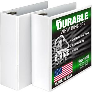 Samsill Durable 4 inch 3 Ring Binder, D Ring Binder, 100% Recycled Chipboard, White, 2 Pack