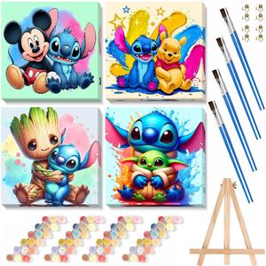 Fuinkqe 4 Ps Paint by Numbers for Kids with Framed Canvas,Cartoon Paint by Numbers for Kids Ages 8-12 with Wooden Easel,Easy Acrylic Painting Kits for Home Wall Decor 8X8 Inch
