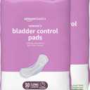 Amazon Basics Incontinence Pads for Women, Long, Bladder Control, Postpartum, Ultimate Absorbency, Unscented, with Odor Control, 60 Count (2 Packs of 30)