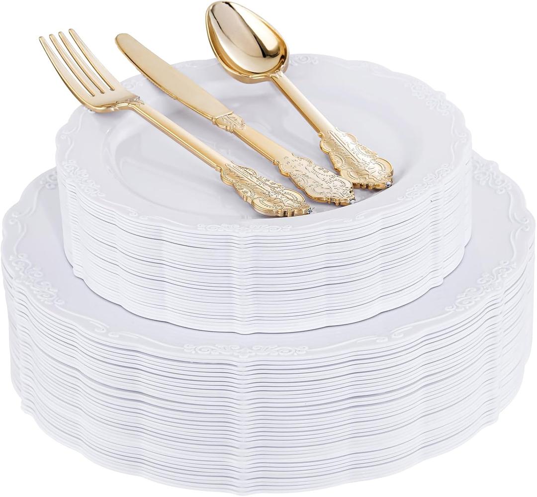 DaYammi 150Pcs White Plastic Plates & Gold Plastic Silverware, White Disposable Plates for Party Include 30 Dinner Platos,30 Dessert Platos,30 Golden Knives,30 Gold Forks,30 Spoons for Wedding Party