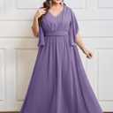 Plus Size Elegant Formal Chiffon Dress A Line Maxi Bridesmaid Mother of The Bride Gala Evening Wedding Guest Prom Gown (Purple, XXXL)