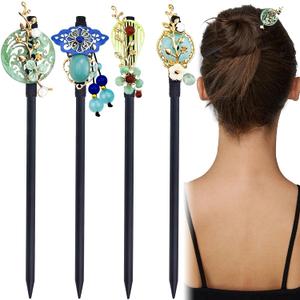 4 PACK Japanese Chinese Wooden Hair Stick, Hairpin with 4 Different Flower Styles, Retro Wooden Hair Accessories for Women Girls (Style 3)