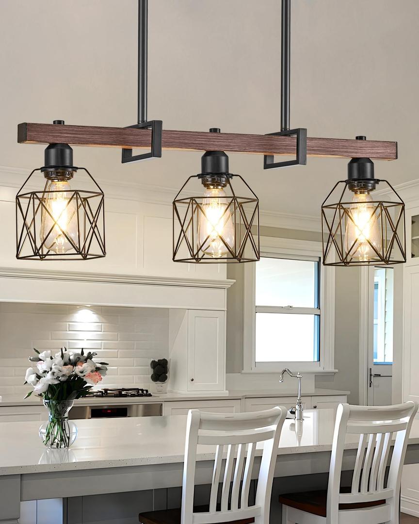 Industrial Pendant Light Fixture, 3-Light Kitchen Island Lighting with Wood Grain Bar and Black Metal Cage, Farmhouse Rustic Hanging Ceiling Lamp for Dining Room, Living Room