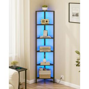 TUTOTAK Corner Shelf with LED Light, 6-Tier Corner Bookshelf for Small Space, Narrow Display Corner Shelf Stand with Storage Rack, for Living Room, Bedroom, Black BS05BK006L